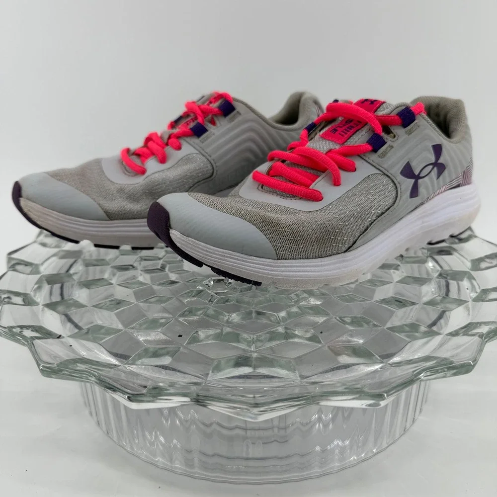 Under Armour Youth Running Shoes Gray Pink Purple Lace Up Sneakers 6.5 Y